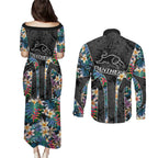 Penrith Panthers Couples Matching Puletasi and Long Sleeve Button Shirt Tropical Hibiscus Floral Pattern With Black And Grey Accents