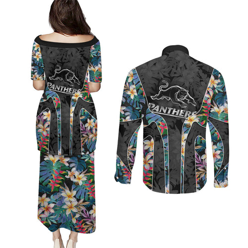 Penrith Panthers Couples Matching Puletasi and Long Sleeve Button Shirt Tropical Hibiscus Floral Pattern With Black And Grey Accents