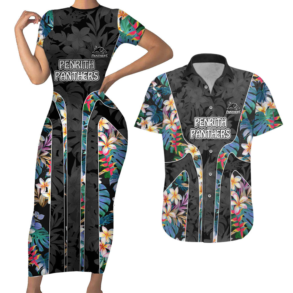 Penrith Panthers Couples Matching Short Sleeve Bodycon Dress and Hawaiian Shirt Tropical Hibiscus Floral Pattern With Black And Grey Accents