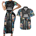 Penrith Panthers Couples Matching Short Sleeve Bodycon Dress and Hawaiian Shirt Tropical Hibiscus Floral Pattern With Black And Grey Accents