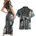Penrith Panthers Couples Matching Short Sleeve Bodycon Dress and Hawaiian Shirt Tropical Hibiscus Floral Pattern With Black And Grey Accents