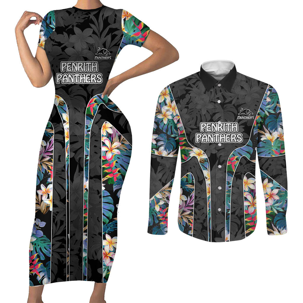 Penrith Panthers Couples Matching Short Sleeve Bodycon Dress and Long Sleeve Button Shirt Tropical Hibiscus Floral Pattern With Black And Grey Accents