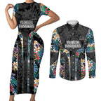 Penrith Panthers Couples Matching Short Sleeve Bodycon Dress and Long Sleeve Button Shirt Tropical Hibiscus Floral Pattern With Black And Grey Accents
