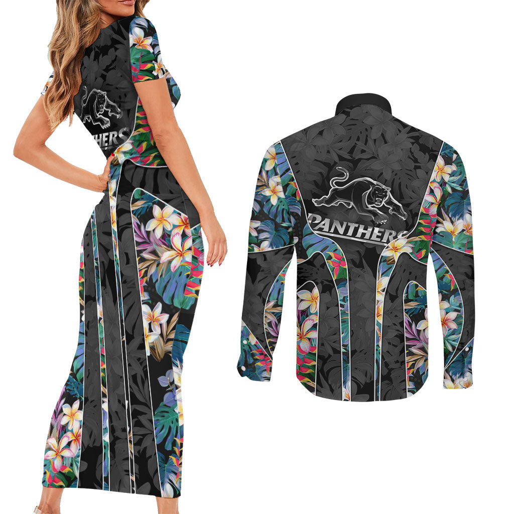 Penrith Panthers Couples Matching Short Sleeve Bodycon Dress and Long Sleeve Button Shirt Tropical Hibiscus Floral Pattern With Black And Grey Accents