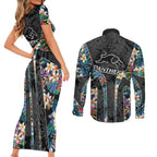 Penrith Panthers Couples Matching Short Sleeve Bodycon Dress and Long Sleeve Button Shirt Tropical Hibiscus Floral Pattern With Black And Grey Accents