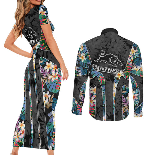 Penrith Panthers Couples Matching Short Sleeve Bodycon Dress and Long Sleeve Button Shirt Tropical Hibiscus Floral Pattern With Black And Grey Accents