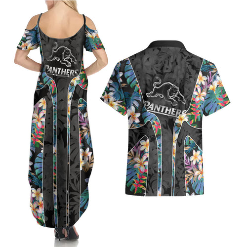 Penrith Panthers Couples Matching Summer Maxi Dress and Hawaiian Shirt Tropical Hibiscus Floral Pattern With Black And Grey Accents