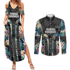 Penrith Panthers Couples Matching Summer Maxi Dress and Long Sleeve Button Shirt Tropical Hibiscus Floral Pattern With Black And Grey Accents