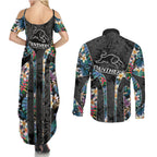 Penrith Panthers Couples Matching Summer Maxi Dress and Long Sleeve Button Shirt Tropical Hibiscus Floral Pattern With Black And Grey Accents