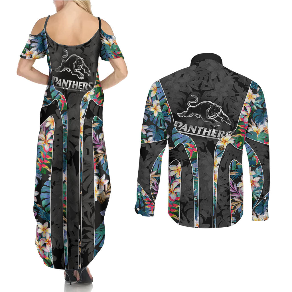 Penrith Panthers Couples Matching Summer Maxi Dress and Long Sleeve Button Shirt Tropical Hibiscus Floral Pattern With Black And Grey Accents