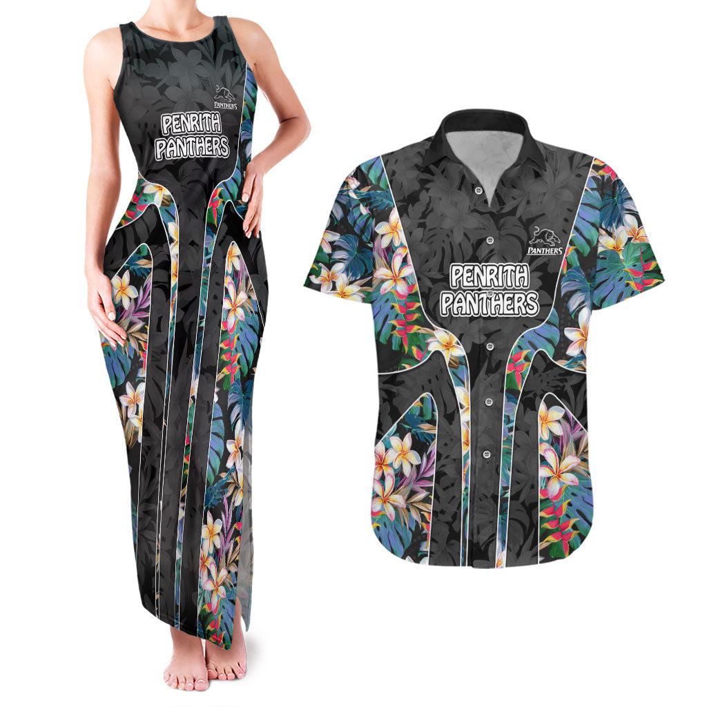 Penrith Panthers Couples Matching Tank Maxi Dress and Hawaiian Shirt Tropical Hibiscus Floral Pattern With Black And Grey Accents