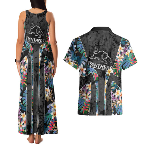 Penrith Panthers Couples Matching Tank Maxi Dress and Hawaiian Shirt Tropical Hibiscus Floral Pattern With Black And Grey Accents
