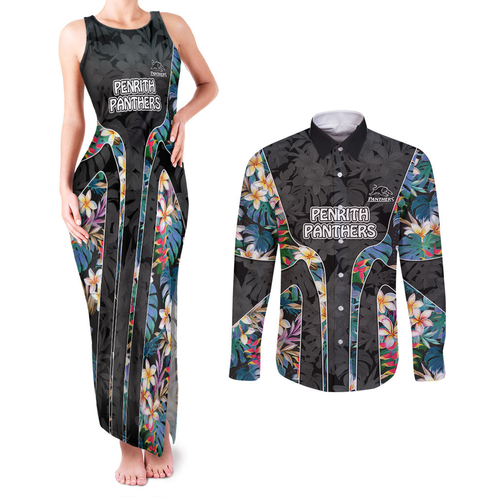 Penrith Panthers Couples Matching Tank Maxi Dress and Long Sleeve Button Shirt Tropical Hibiscus Floral Pattern With Black And Grey Accents
