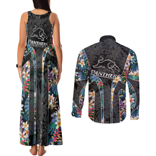 Penrith Panthers Couples Matching Tank Maxi Dress and Long Sleeve Button Shirt Tropical Hibiscus Floral Pattern With Black And Grey Accents