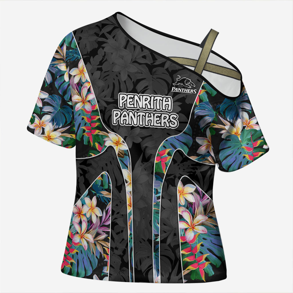 Penrith Panthers Cross Shoulder Shirt Tropical Hibiscus Floral Pattern With Black And Grey Accents