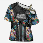 Penrith Panthers Cross Shoulder Shirt Tropical Hibiscus Floral Pattern With Black And Grey Accents