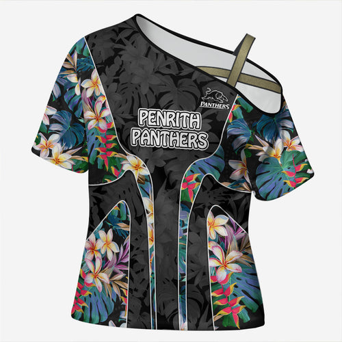 Penrith Panthers Cross Shoulder Shirt Tropical Hibiscus Floral Pattern With Black And Grey Accents