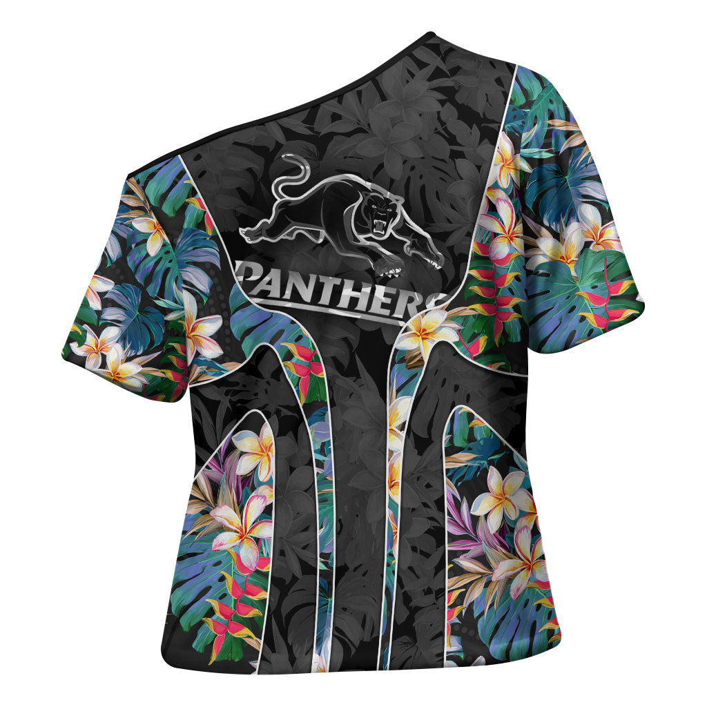 Penrith Panthers Cross Shoulder Shirt Tropical Hibiscus Floral Pattern With Black And Grey Accents