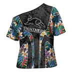 Penrith Panthers Cross Shoulder Shirt Tropical Hibiscus Floral Pattern With Black And Grey Accents