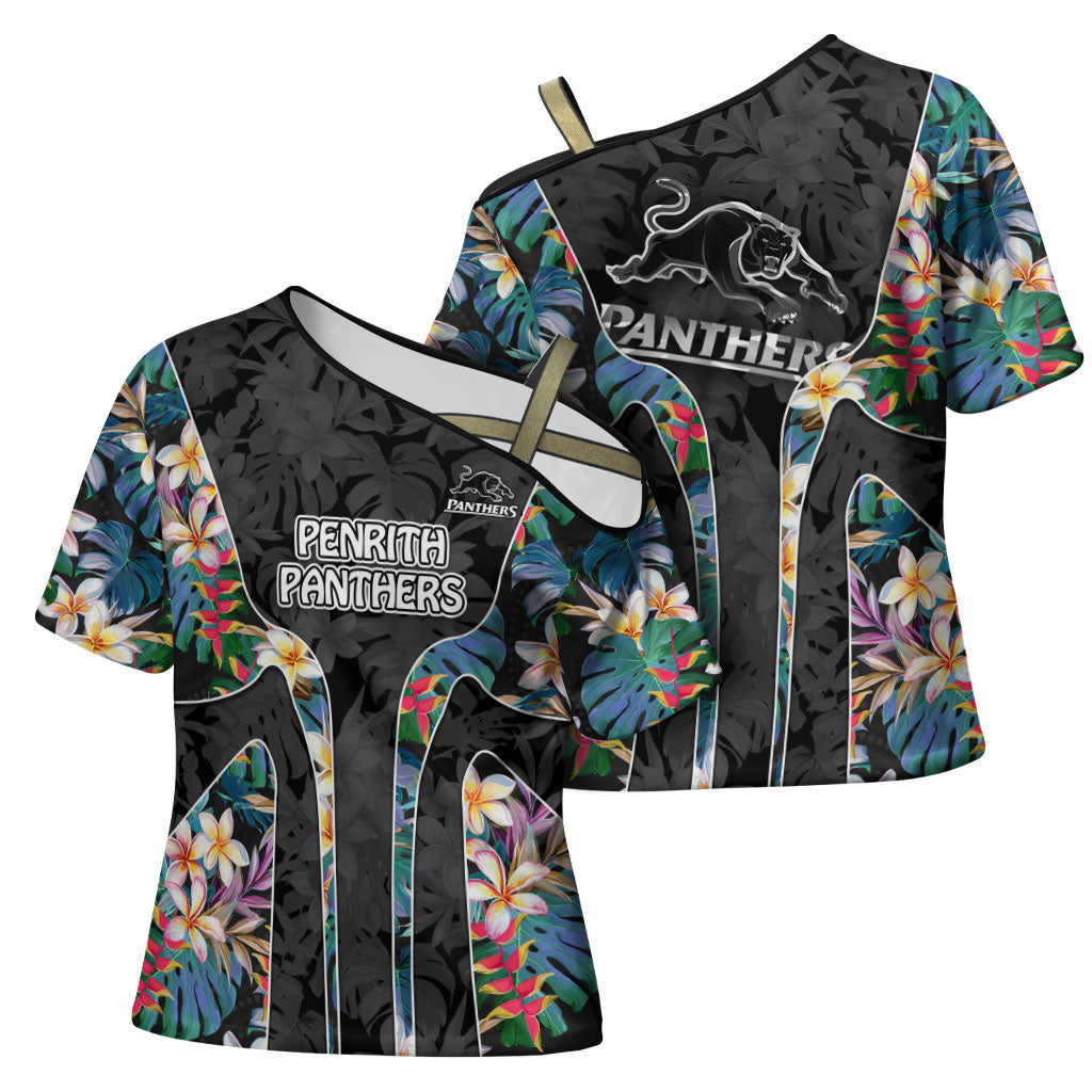 Penrith Panthers Cross Shoulder Shirt Tropical Hibiscus Floral Pattern With Black And Grey Accents