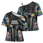 Penrith Panthers Cross Shoulder Shirt Tropical Hibiscus Floral Pattern With Black And Grey Accents