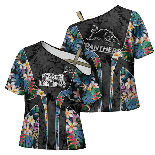 Penrith Panthers Cross Shoulder Shirt Tropical Hibiscus Floral Pattern With Black And Grey Accents
