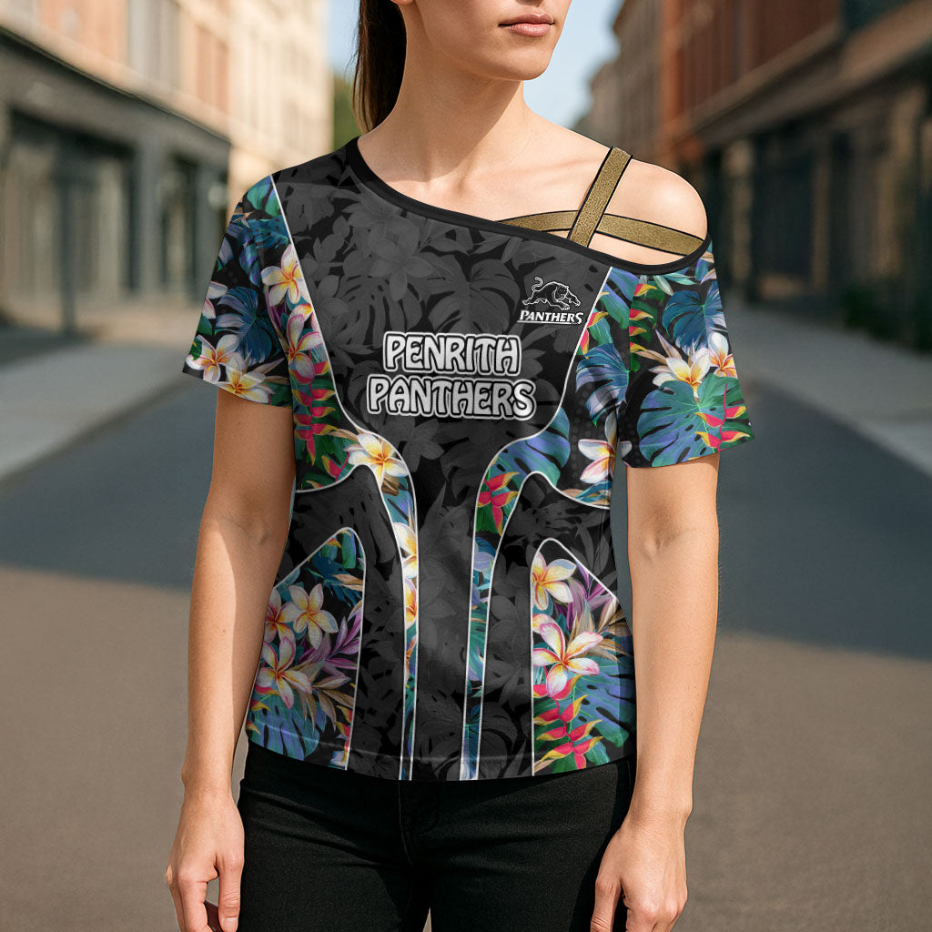 Penrith Panthers Cross Shoulder Shirt Tropical Hibiscus Floral Pattern With Black And Grey Accents