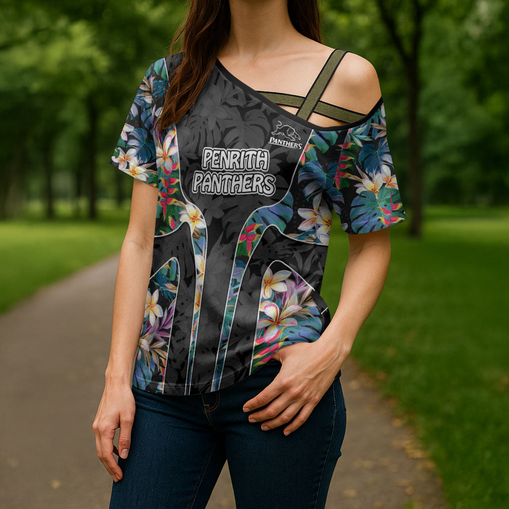 Penrith Panthers Cross Shoulder Shirt Tropical Hibiscus Floral Pattern With Black And Grey Accents