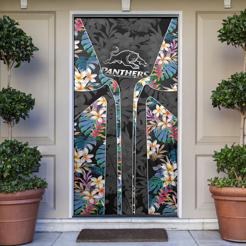 Penrith Panthers Door Cover Tropical Hibiscus Floral Pattern With Black And Grey Accents