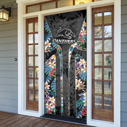 Penrith Panthers Door Cover Tropical Hibiscus Floral Pattern With Black And Grey Accents