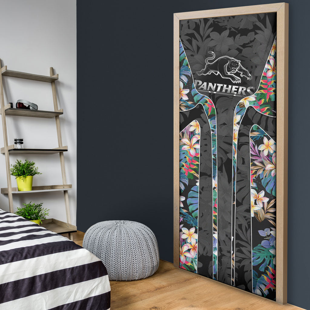 Penrith Panthers Door Cover Tropical Hibiscus Floral Pattern With Black And Grey Accents