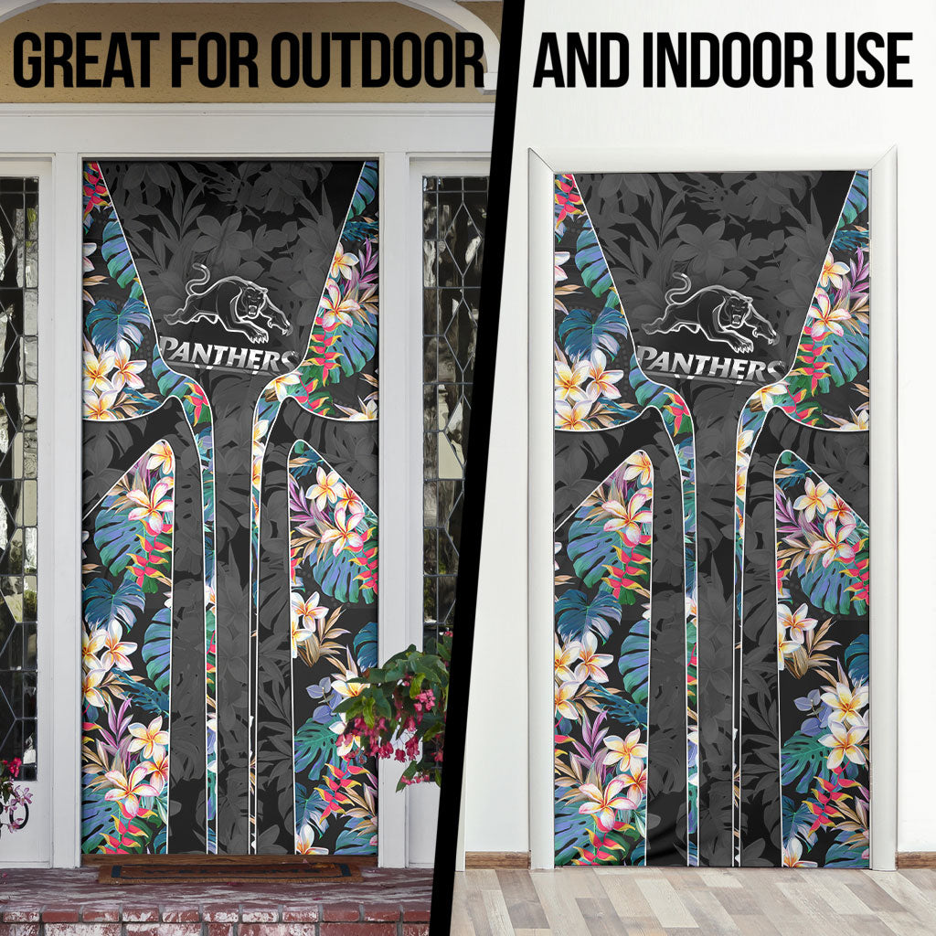 Penrith Panthers Door Cover Tropical Hibiscus Floral Pattern With Black And Grey Accents