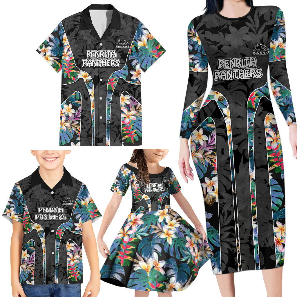 Penrith Panthers Family Matching Long Sleeve Bodycon Dress and Hawaiian Shirt Tropical Hibiscus Floral Pattern With Black And Grey Accents