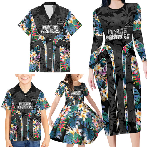 Penrith Panthers Family Matching Long Sleeve Bodycon Dress and Hawaiian Shirt Tropical Hibiscus Floral Pattern With Black And Grey Accents
