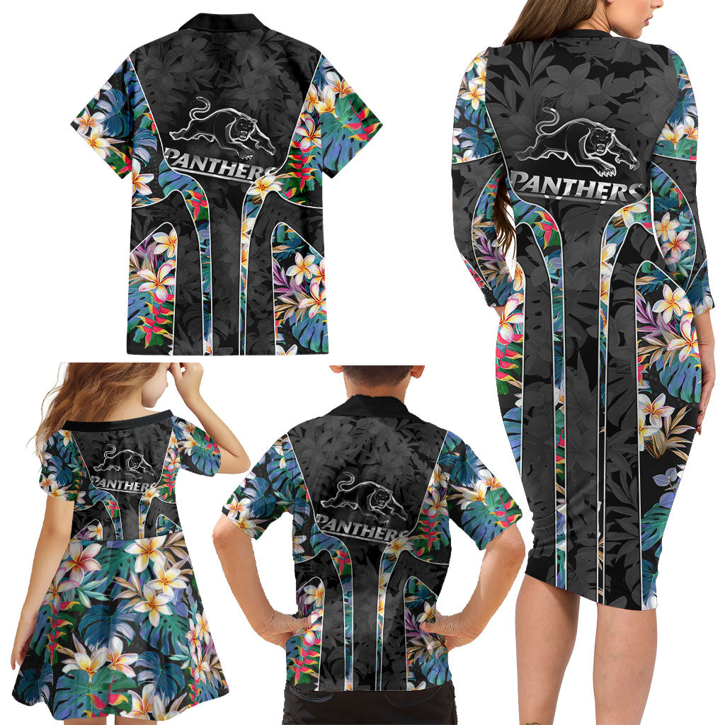 Penrith Panthers Family Matching Long Sleeve Bodycon Dress and Hawaiian Shirt Tropical Hibiscus Floral Pattern With Black And Grey Accents