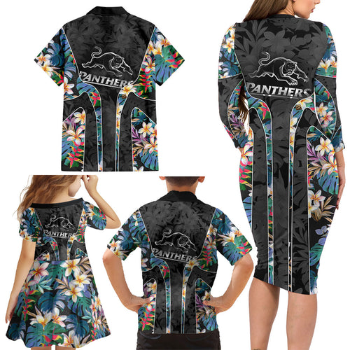 Penrith Panthers Family Matching Long Sleeve Bodycon Dress and Hawaiian Shirt Tropical Hibiscus Floral Pattern With Black And Grey Accents