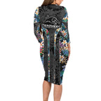 Penrith Panthers Family Matching Long Sleeve Bodycon Dress and Hawaiian Shirt Tropical Hibiscus Floral Pattern With Black And Grey Accents