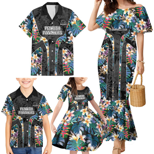 Penrith Panthers Family Matching Mermaid Dress and Hawaiian Shirt Tropical Hibiscus Floral Pattern With Black And Grey Accents