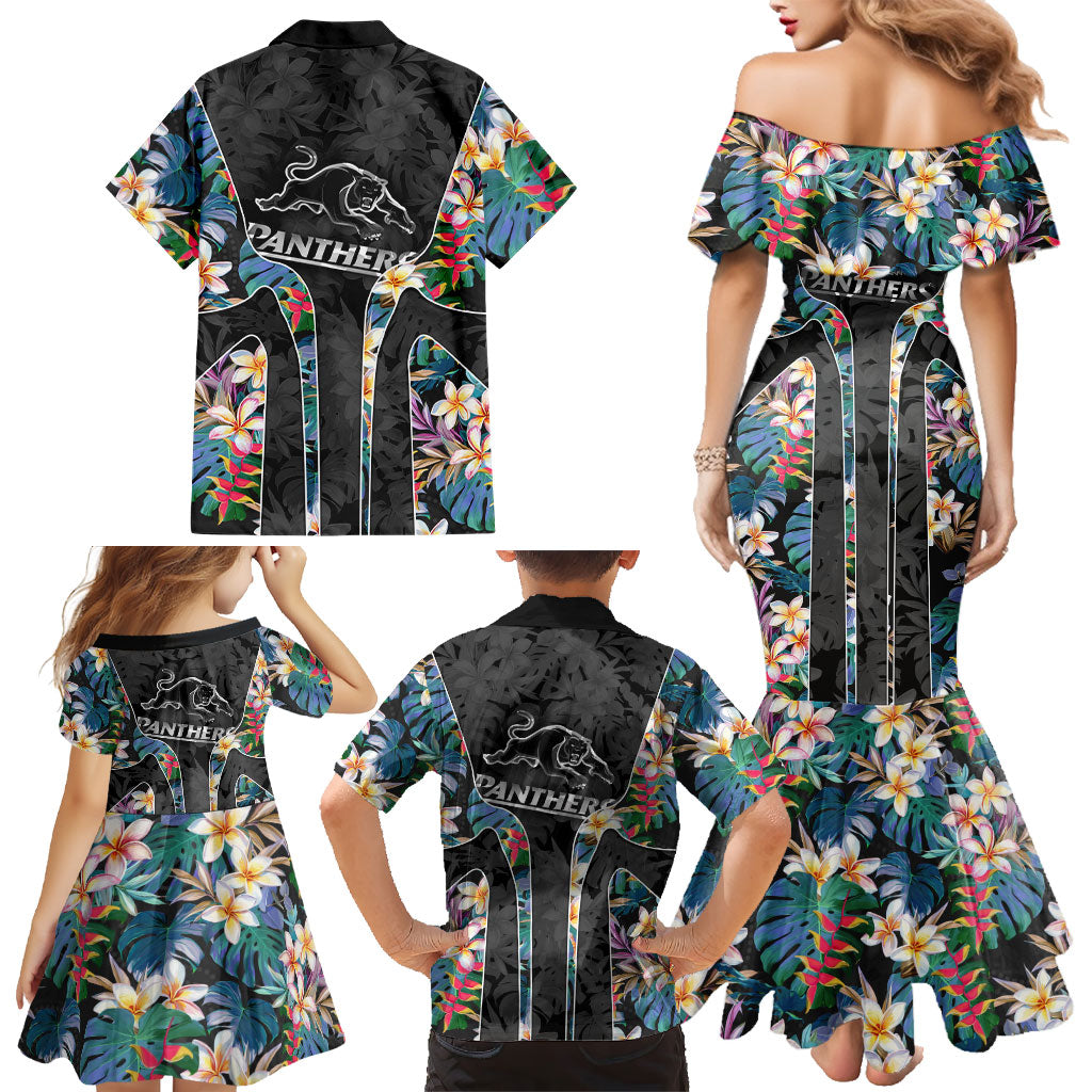 Penrith Panthers Family Matching Mermaid Dress and Hawaiian Shirt Tropical Hibiscus Floral Pattern With Black And Grey Accents