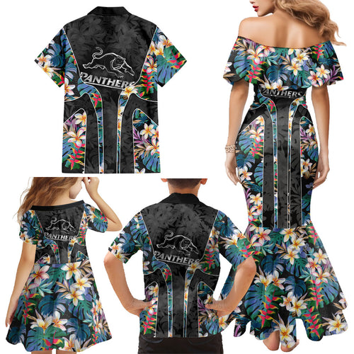 Penrith Panthers Family Matching Mermaid Dress and Hawaiian Shirt Tropical Hibiscus Floral Pattern With Black And Grey Accents