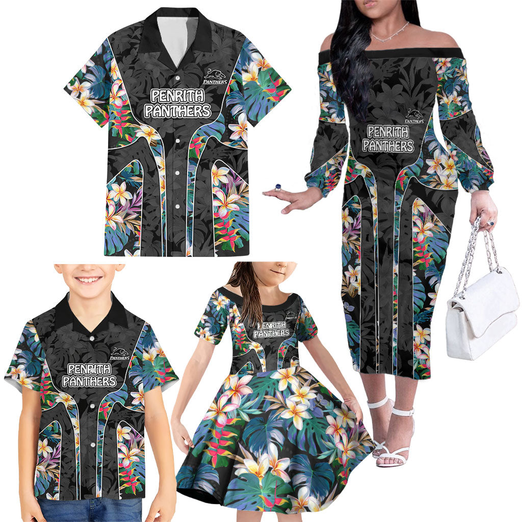 Penrith Panthers Family Matching Off The Shoulder Long Sleeve Dress and Hawaiian Shirt Tropical Hibiscus Floral Pattern With Black And Grey Accents