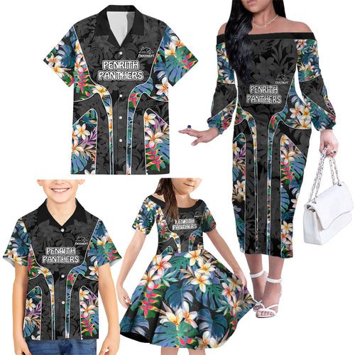 Penrith Panthers Family Matching Off The Shoulder Long Sleeve Dress and Hawaiian Shirt Tropical Hibiscus Floral Pattern With Black And Grey Accents