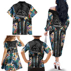 Penrith Panthers Family Matching Off The Shoulder Long Sleeve Dress and Hawaiian Shirt Tropical Hibiscus Floral Pattern With Black And Grey Accents