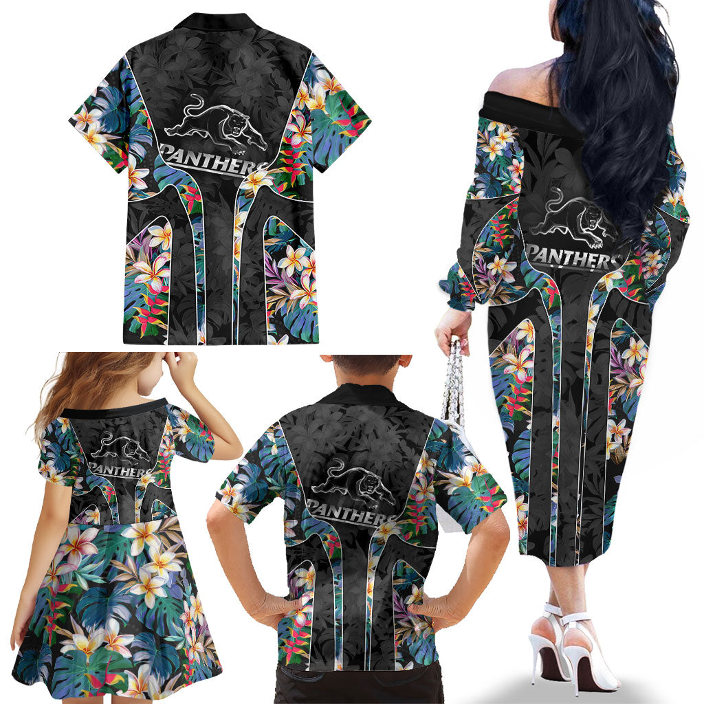 Penrith Panthers Family Matching Off The Shoulder Long Sleeve Dress and Hawaiian Shirt Tropical Hibiscus Floral Pattern With Black And Grey Accents