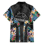 Penrith Panthers Family Matching Off The Shoulder Long Sleeve Dress and Hawaiian Shirt Tropical Hibiscus Floral Pattern With Black And Grey Accents