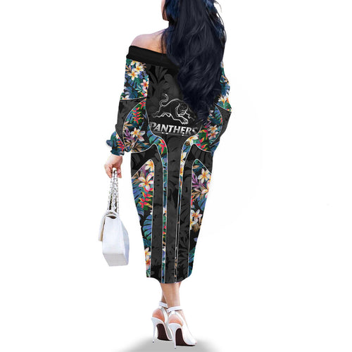 Penrith Panthers Family Matching Off The Shoulder Long Sleeve Dress and Hawaiian Shirt Tropical Hibiscus Floral Pattern With Black And Grey Accents