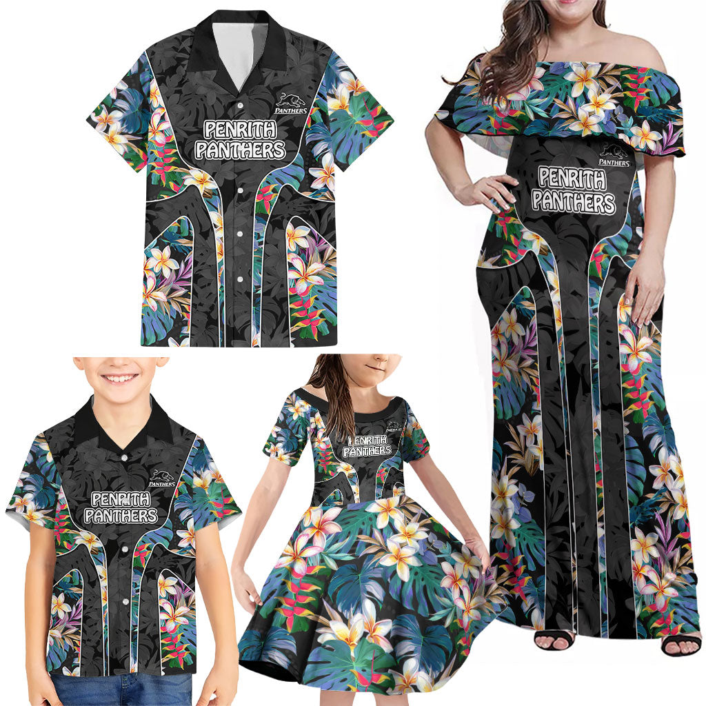 Penrith Panthers Family Matching Off Shoulder Maxi Dress and Hawaiian Shirt Tropical Hibiscus Floral Pattern With Black And Grey Accents