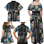 Penrith Panthers Family Matching Off Shoulder Maxi Dress and Hawaiian Shirt Tropical Hibiscus Floral Pattern With Black And Grey Accents