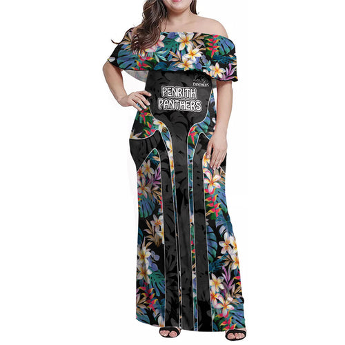 Penrith Panthers Family Matching Off Shoulder Maxi Dress and Hawaiian Shirt Tropical Hibiscus Floral Pattern With Black And Grey Accents
