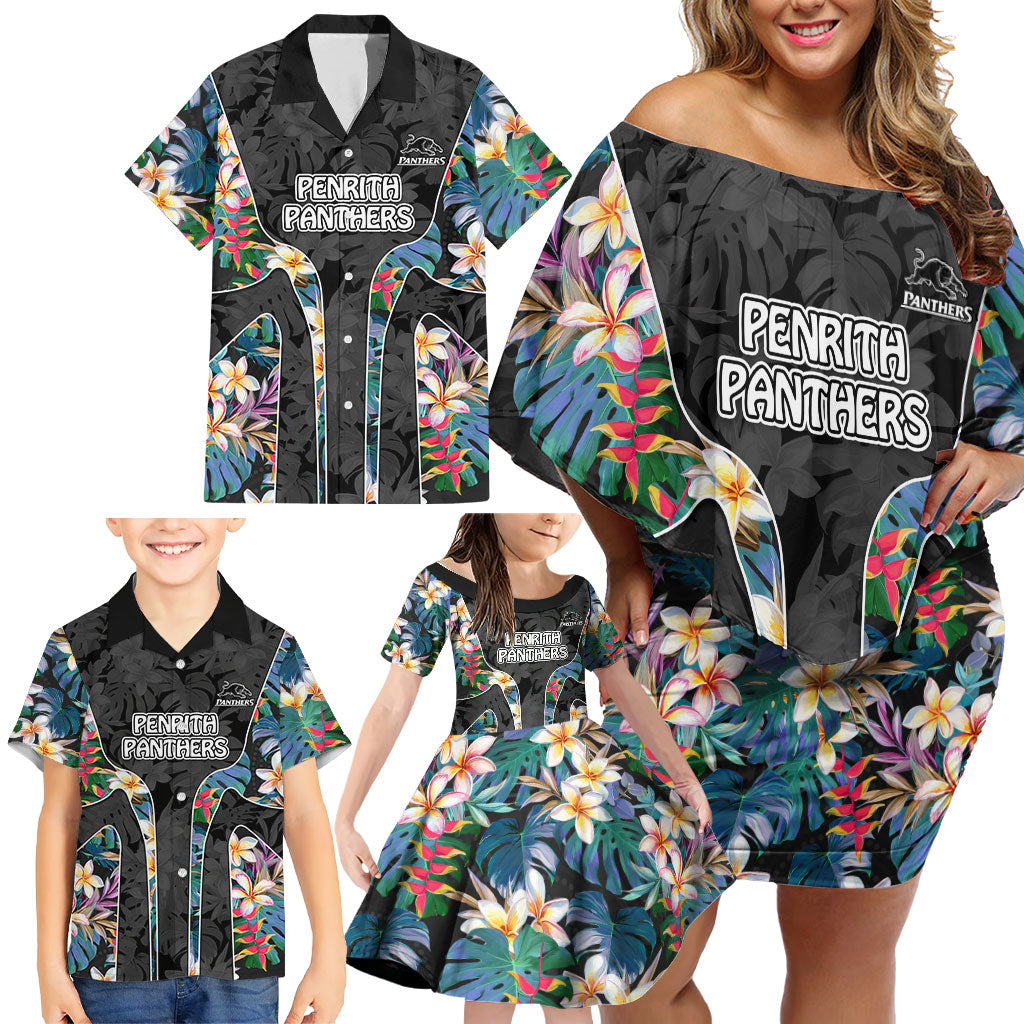 Penrith Panthers Family Matching Off Shoulder Short Dress and Hawaiian Shirt Tropical Hibiscus Floral Pattern With Black And Grey Accents